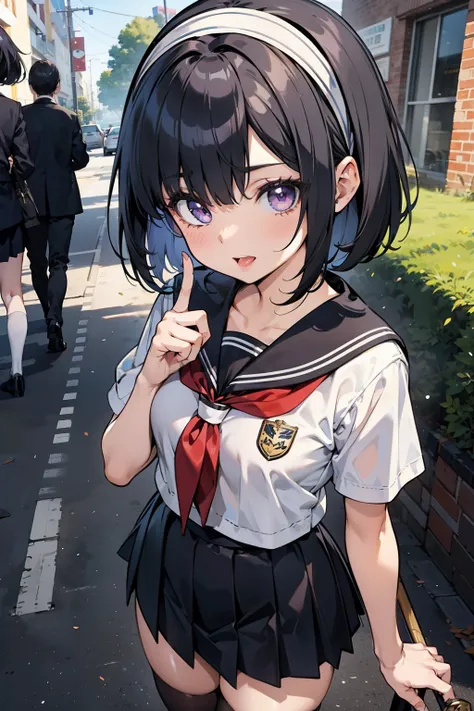 body 8 times longer than head, (Highly detailed CG unity 8k), (highest quality)，(very detailed)，(ultra high resolution), black hair, High school girl wearing a navy sailor suit, Anime 2D rendering, realistic young anime high school girl, ((White headband))...