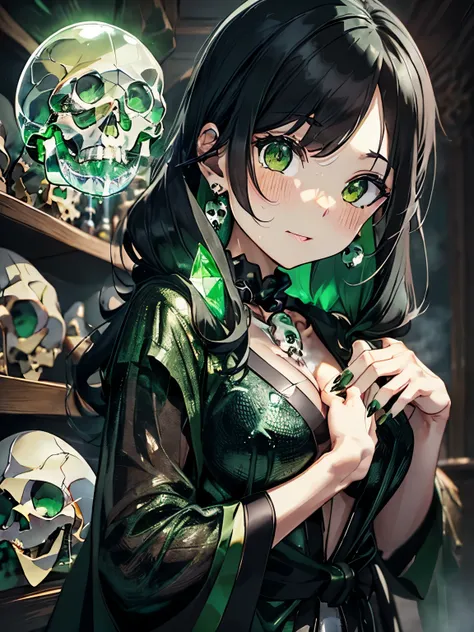 character//1 girl,(greenish shiny black hair:1.2),((Long curled hair:1.2)),(With bangs),((Green eyes that emit a suspicious light:1.3)),((eye size:1.3)),BREAK//(black witch-like robe:1.3),(dark green nails),(nails are sharp and long:1.4),((Necklaces and ea...