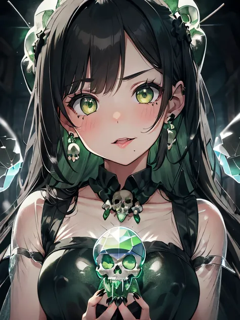 character//1 girl,(greenish shiny black hair:1.2),((Long curled hair:1.2)),(With bangs),((Green eyes that emit a suspicious light:1.3)),((eye size:1.3)),BREAK//(black witch-like robe:1.3),(dark green nails),(nails are sharp and long:1.4),((Necklaces and ea...