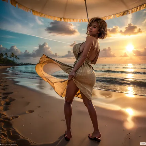 (8K, top-quality, masterpiece: 1.2)
(realistic, Photorealistic: 1.2)

A stunning woman, clad in a vibrant resort dress, strides confidently along the pristine white sand beach in Hawaii. The sun sets majestically behind her, casting long, golden shadows on...