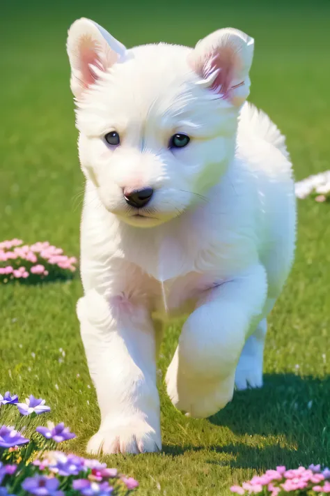 (filhote de cachorro branco), (suave: pelagem), (olhos perfeitos), (nariz brilhante), (correndo no gramado com flores coloridas)...