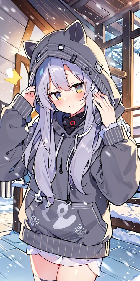 、long hair、cute、white stockings、Heart-shaped pupils、solo、gray hair、indoor、blush、winter、snow、outdoor,golden eyes、Ahoge、(((Black hoodie)))、
