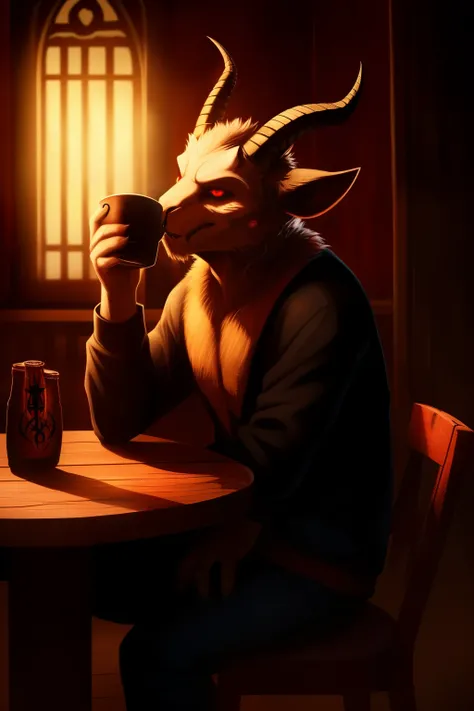 (Satanic goat, solo, ((sitting)), holding a mug, 666 beer, ((drinking)), dark, ((evil-looking)), horns, ((horned goat)), goat figure, (high resolution: 1.2), (detailed: 1.0), (shaded: 0.9), (evocative lighting: 1.1), (sinister atmosphere: 1.0), demons, (he...