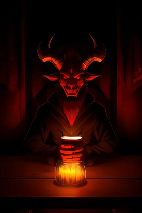 (Satanic goat, solo, ((sitting)), holding a mug, 666 beer, ((drinking)), dark, ((evil-looking)), horns, ((horned goat)), goat figure, (high resolution: 1.2), (detailed: 1.0), (shaded: 0.9), (evocative lighting: 1.1), (sinister atmosphere: 1.0), demons, (he...