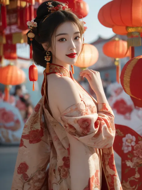 Spring Festival,1girl,solo,lantern,red lips,hair ornament,looking at viewer,chinese clothes,blurry,upper body,paper lantern,earrings,jewelry,makeup,black hair,brown hair,lipstick,smile,
best quality,masterpiece,illustration,an extremely delicate and beauti...