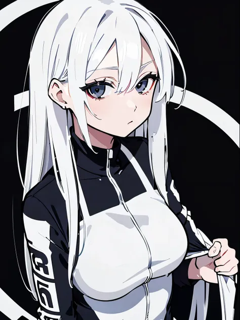 ((racing suit)),((white hair)),(tights),sexy,a person,alone,upper body,half-length photo,simple style,simple details,black backg...