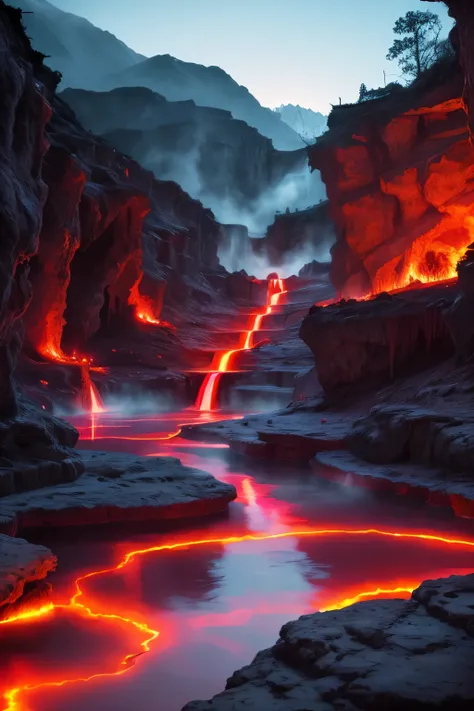 best quality, 32k, RAW photo, incredibly absurdres, extremely detailed, hells resort, pool of blood-hot springs, magma-hot springs, red-purple light, dark fantasy, delicate, flashy and dynamic depiction