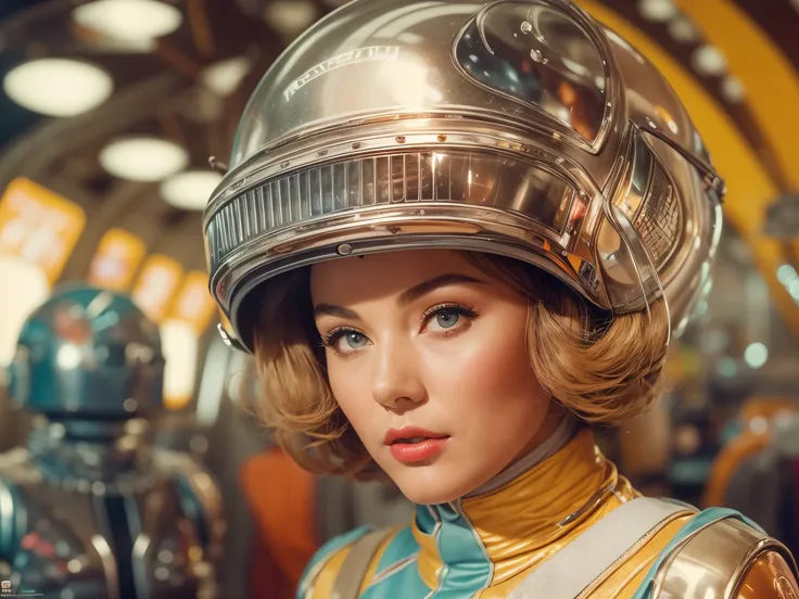 retro color work、Raw photo,Best Quality, master piece,high resolution,detailed,(Photorealsitic:1.4),Well-defined contours,1950retrofuturism、1950s retro science fiction drama、wore a strange helmet、50&#39;s retro-futuristic fashion clothes,young woman、perfec...