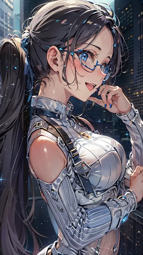 woman,14 years old,,city,night,(((white and blue tight miniskirt bodysuit))),,open mouth smile((See-through))glasses,((beautiful long ponytail)),((Baby girl body shape))