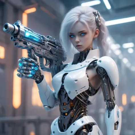 Translucent ethereal mechanical girl holding a big futuristic gun，Futuristic girl，Mechanical joints，mecha-girl，futuristic urban background, hd, 8k