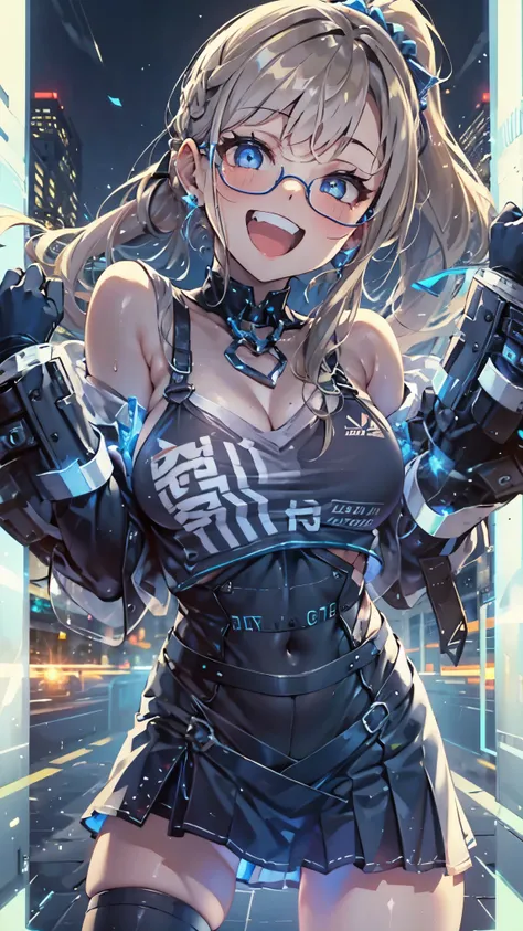 woman,14 years old,,city,night,(((white and blue tight miniskirt bodysuit))),,open mouth smile((See-through))glasses,((beautiful long ponytail)),((Baby girl body shape))((blonde))