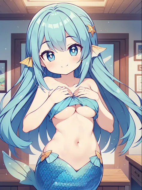 (mermaid girl:1.2), (1 person:1.2),(10 year old girl)、young girl、big breasts、 table top, nffsw、shader、highly detailed eyes、blue hair、long hair、naked、side boob、underboob、long hairで胸が隠されている、silky hair、ultra-intricate pupil in eyes、highest quality、bright colo...