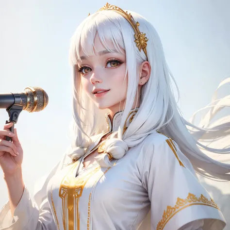 best quality, white hair, gold eyes, white clothes, looking up, upper body, hair strand, Fair skin, smiling, she has microphone