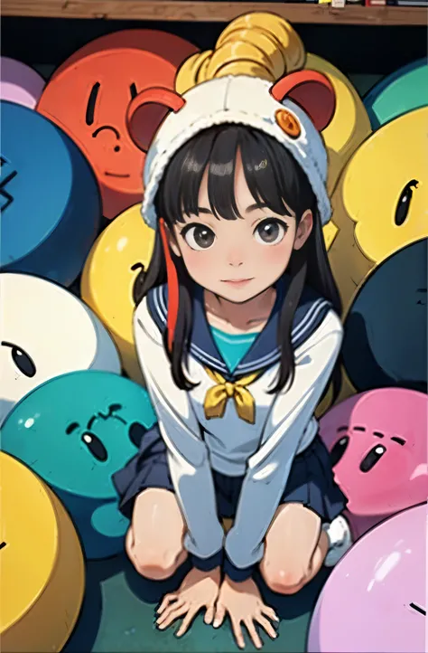 (masterpiece, highest quality), (colorful:1.4), From above, alone, One girl crouching on the ground in a store with a lot of stuffed animals on the shelves, Hand fingers properly, Depth of bounds written,whole head,idol costume,cute,