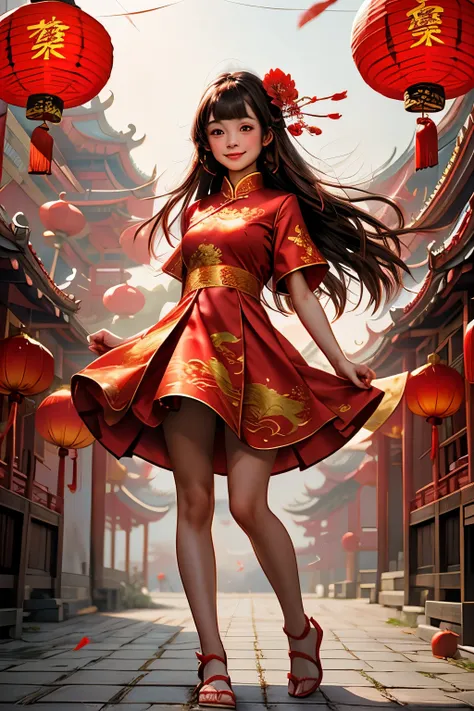 chinese new year,  1girl,  solo,  long hair,  looking at viewer,  blush,  smile,  bangs,  brown hair,  hair ornament,  dress,  h...