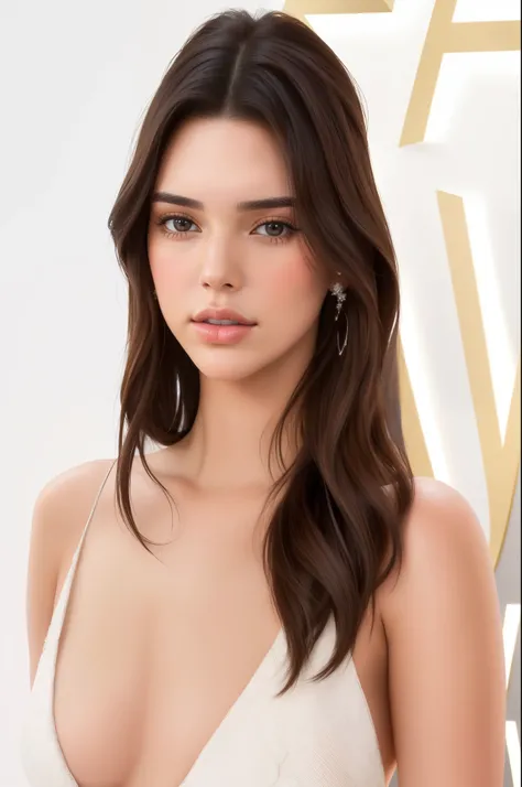 un primer plano de una mujer con un vestido blanco y posando para una foto, Kendall Jenner, flequillo de cortina con raya central, brown hair parted in the center, modelo secreto de victoria, la mujer mas bella del mundo, Dua Lipa, Alessandra Ambrosio, pel...