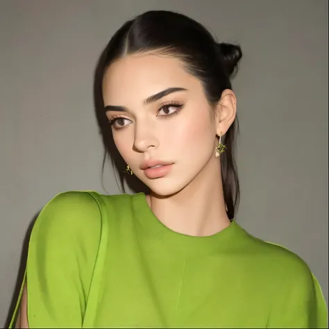 un primer plano de una mujer con un top verde sosteniendo un bolso, Kendall Jenner, Dua Lipa, with dark hair tied in a bun, taken in the early 2020s, slicked back hair, Sonrisa malvada, cabello negro peinado, mirando hacia un lado, with high cheekbones, mi...