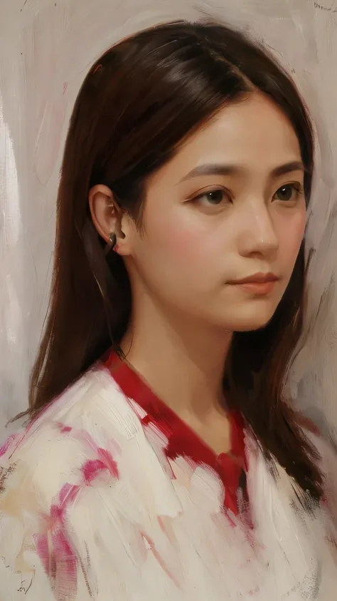 Young woman, dreamy eyes, vulnerable, oil painting 