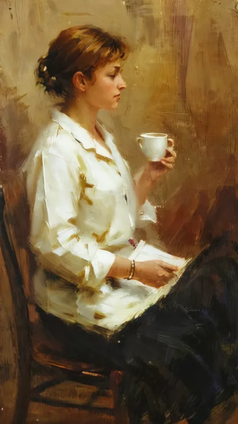 Young woman, cradling coffee cup, oil painting 