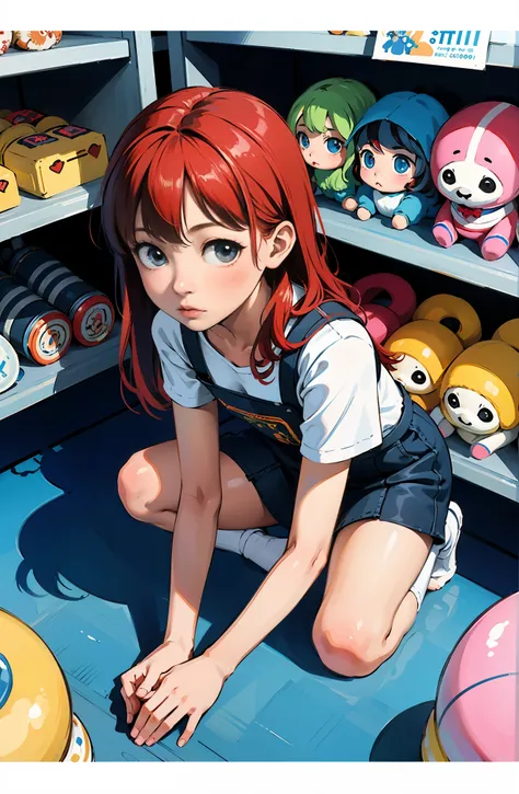 (masterpiece, highest quality), (colorful:1.4), From above, alone, One girl crouching on the ground in a store with a lot of stuffed animals on the shelves, Hand fingers properly, Cladding, Depth of bounds written,whole head,idol costume,cute,