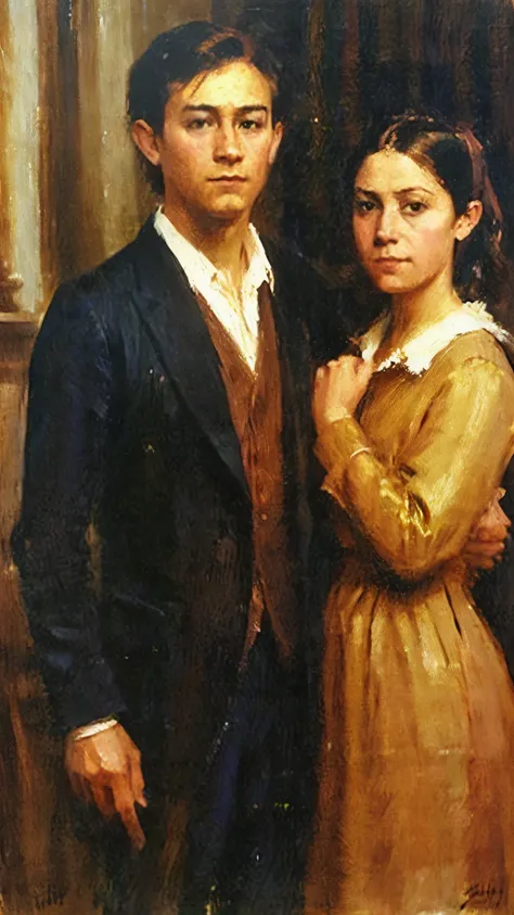 Young Man and young woman, unhappy, not close to each other, oil painting 