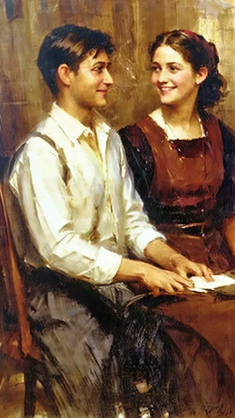 Young Man and young woman, smiling, holding hands, oil painting 