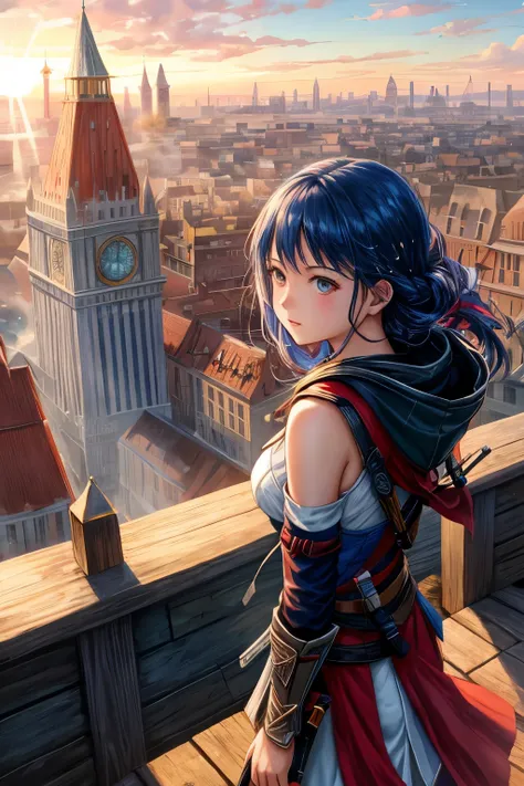 Assassins Creed inspired scene with Akira Toriyamas unique style, featuring girls as models in action. One girl, dressed in the assassins hood and leather outfit, jumps brilliantly across buildings as the sun begins to rise in the background. The scene is ...