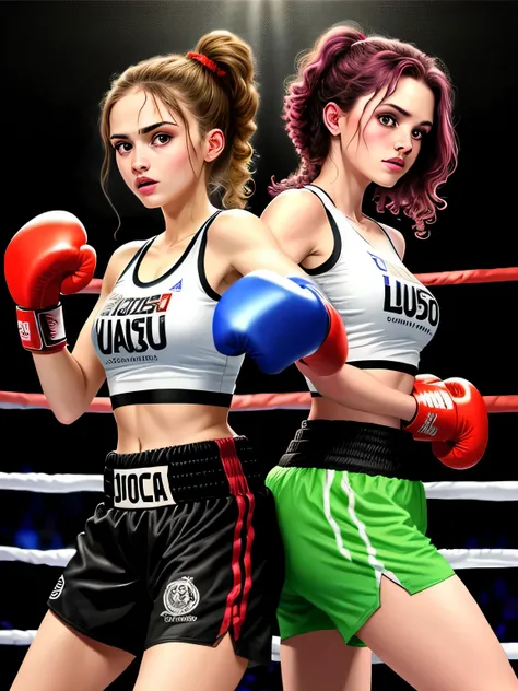 Imagem de duas jovens lindas de 18 anos lutando boxe entre si, bravas, nervosa, bad girl, petit teen, seios grandes, usam blusa top, decote ousado e sexy, Serious, malvada, brava, irritada, cara de mau, branca, beautiful Brazilian and the other Asian, in f...