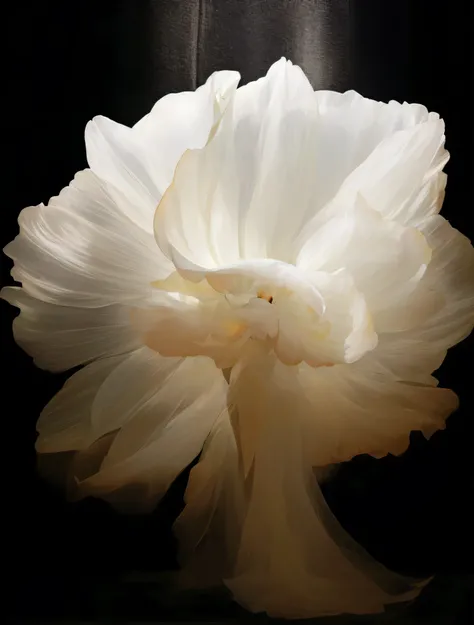 There is a big white flower in the vase, energetic, organic and elegant form, Elegant backlight, giant carnation flower head, white glowing veins, glowing delicate flowers, White petals, depicting a flower, ethereal beauty, ethereal stills, Giant carnation...