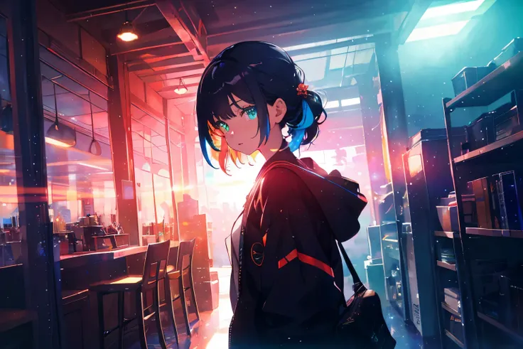 {{masutepiece}}, Best Quality, the Extremely Detailed CG Unity 8K Wallpapers, Cinematic lighting, Lens Flare, Beautiful detail eyes, Black, side glance, Multicolor Hair, Colorful light, Particle, Heterochromia, (Colorful:1.5), (Colorful hair:1.5), 図書館