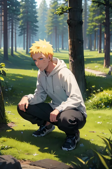 1 man, blonde hair, sky blue eyes, black hoodie, black pants, megros sneakers, forest, trees, male face, naruto uzumaki, facial ...