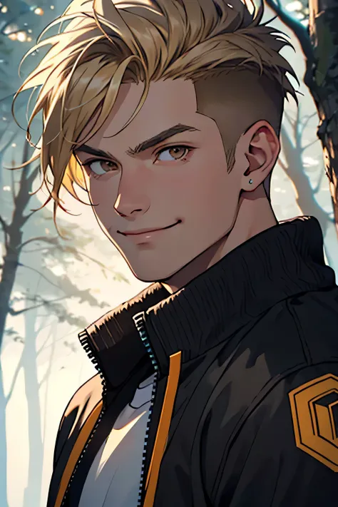 ((best quality)), ((masterpiece)), (detailed), perfect face, young man, male, dirty blonde hair which is shaved on the sides, brown eyes, wearing a varsity jacket, smirking, background is a dark forest