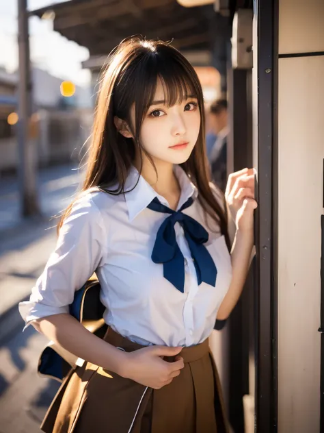 bokeh, masterpiece, analog photo, RAW, beautiful high school girl, Stewardess uniform, Light brown long hair, Light brown beautiful eyes, Blushed face, (Japanese idol:1.5), Plump breast, Stewardes, Looking at the viewer, cowboy shot, sundown Street, 