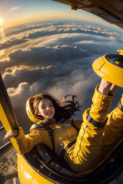 Influencer girl in yellow space suit taking selfie on on floating city, in background show (Best quality,4K,8K,A high resolution,Masterpiece:1.2),Ultra-detailed,(Realistic,Photorealistic,photo-realistic:1.37),Futuristic floating city,Futuristic technology,...