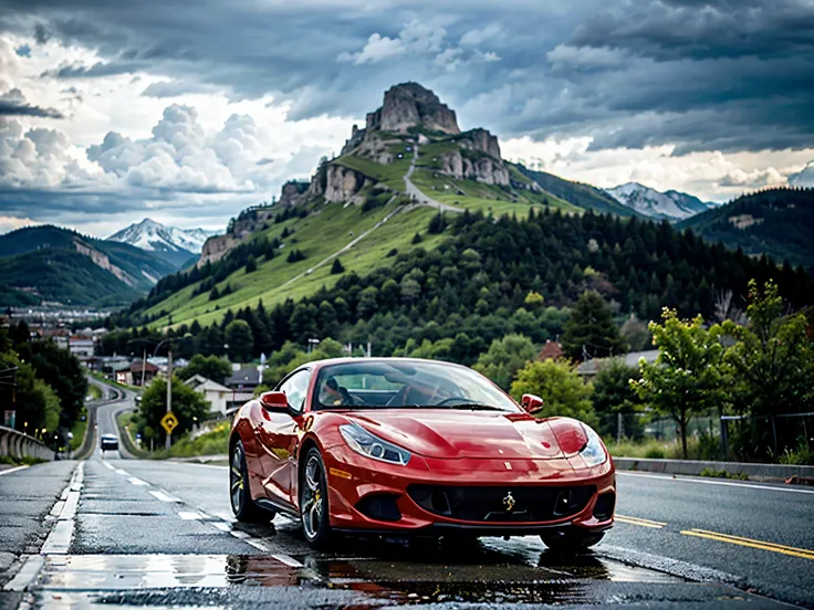 A Ferrari car on a long drive on road 
Between two mountains dark cloud rainy weather,full beautiful view