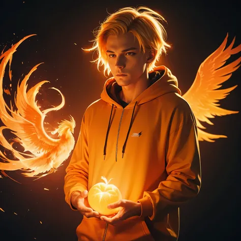 White man with short blond hair in neon orang hoodie looking at an orange Phoenix beutiful photo top quality photo