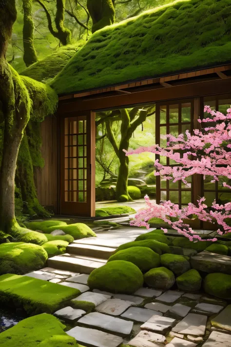 Amidst the tranquil spring garden, a moss-covered floor forms a lush carpet evoking a sense of serenity. The firewood cover, lightly concealed nearby, adds to the scenes rustic charm. A solitary branch of red apricot emerges, bursting with vibrant blossoms...