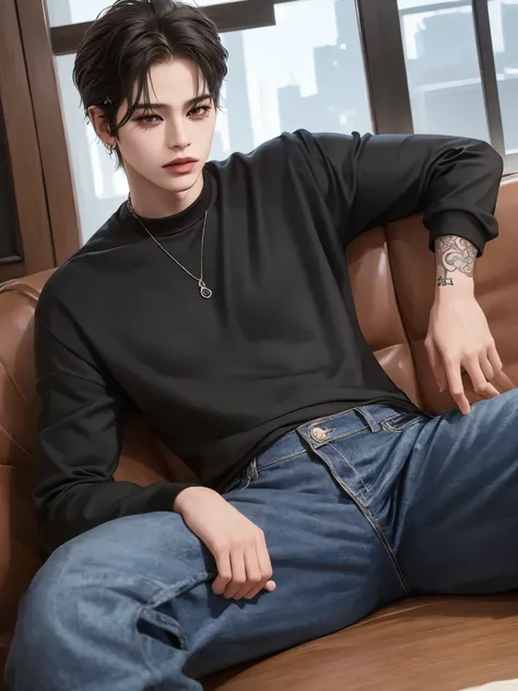 (4K funciona))、masterpiece、(de primera calidad)、((Fondo de paisaje urbano negro))、hombre coreano、macho adulto、((Adult 50 years))、((Adult uncle type))、((Estilo de jeans de cuero))、((Cara similar a Hyunjin.))、Hombres agradables、alto、((Wild Features))、((mirad...