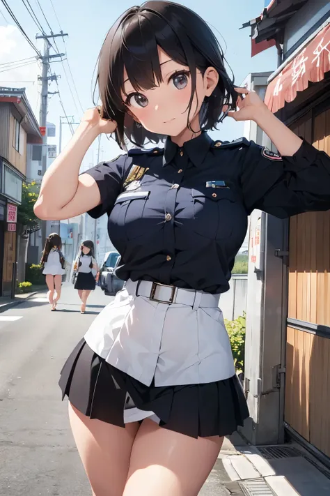 Policewoman in summer miniskirt。big breasts。Pose on Salute。short hair。Japanese policewoman。chestnut hair。Holds a file for case materials in hand。black shoes。barefoot。