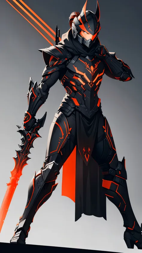 commercial style shot, (Spartan warrior action figure in warframe style armor with black sword), (red black and orange color scheme), (Ram-style horned Spartan helmet with black flowing cloak), plastic material with metal coating, (solid color background),...