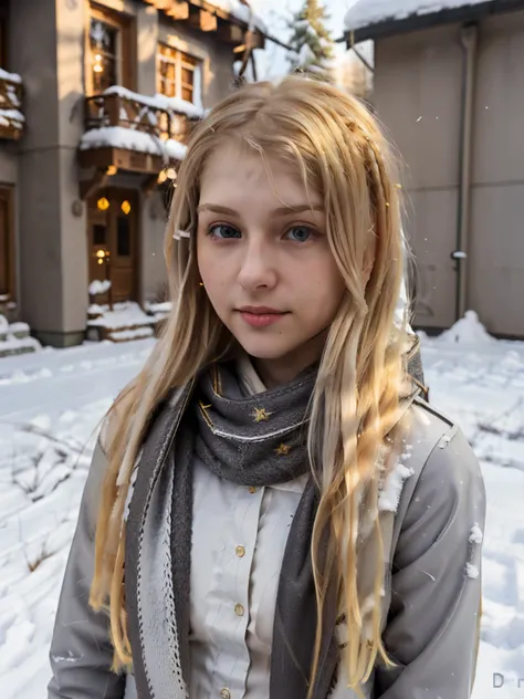 blond woman with long hair and scarf in the snow, a girl with blonde hair, beautiful young face, blonde hair and large grey eyes, beautiful succubus, ((derevschikova:1.5)), beautiful alluring teen, perfect nose, ultra beautiful, with her long, perfect beau...