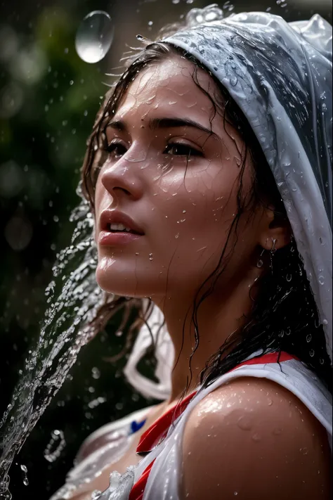 Mujer arafed con un velo en la cabeza y agua saliendo de su cabeza., Gotas de lluvia en la cara, retrato lloviendo, cubierto de gotas de agua, Chica bonita parada bajo la lluvia, by damp, mojado por la lluvia, cara mojada, primer plano retrato, Primer plan...