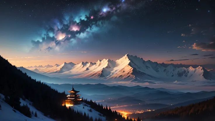 The starry sky is sparkling and bright 、High mountains in the distance