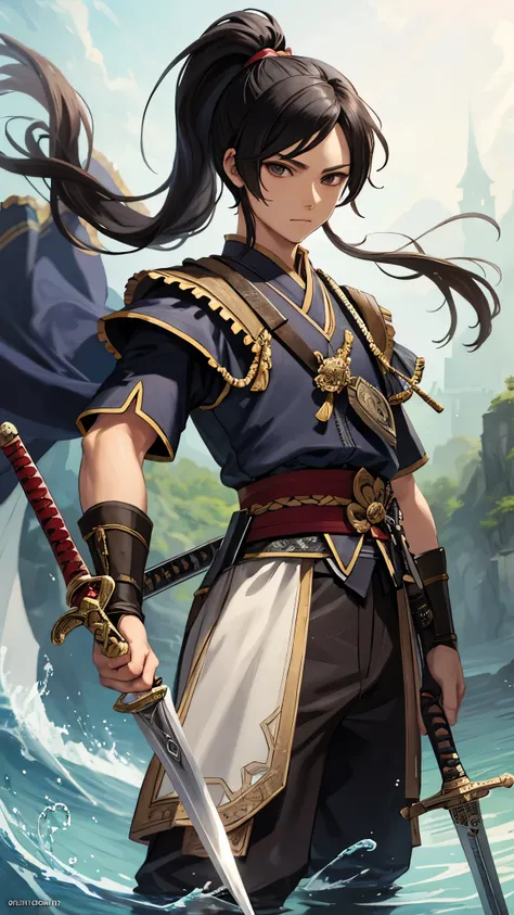 masterpiece, official art, best quality , extremely detailed, fantasyv2, solo, 1boy, male focus, long hair, black hair, closed mouth, ponytail, holding, holding sword, sword, water, depth of field, rembrandt lighting, chinese clothes , 