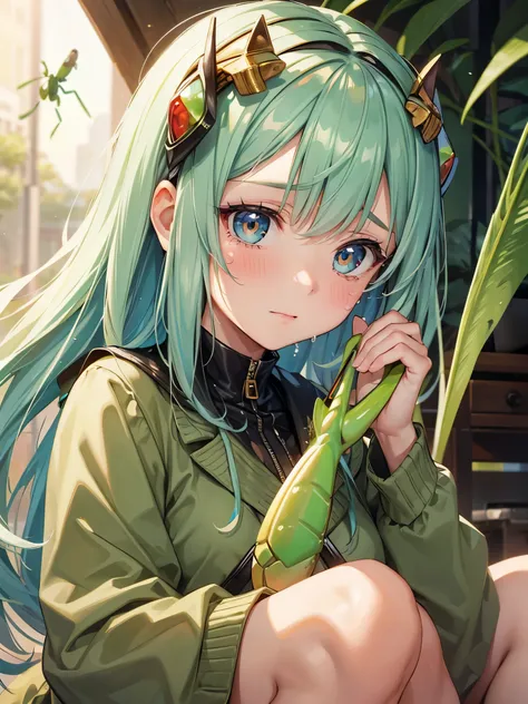 ultra-detailed , girl with a praying mantis on her head, Are crying