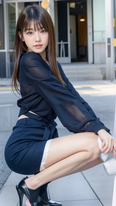 Photo taken by a professional photographer，Close-up of a woman squatting on the sidewalk with her legs crossed, kiko mizuhara, wearing a sweater, Shirahime cut brown hair, wearing a sweater, young and cute girl, japanese model, 白いwearing a sweater, Chiho, ...