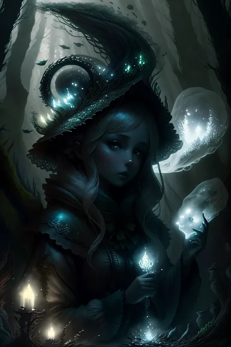 random00d, dishy, girl, Ghost, Sophisticated,mysterious forest,dark fantasy