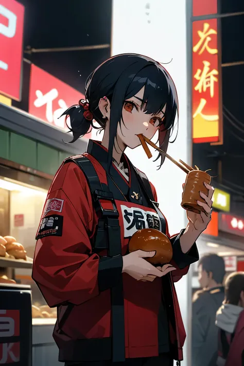 An anime-style woman in her 30s wearing a punk rock outfit、High-resolution, dynamic video that shows how delicious oden is eaten at a food stall at night.。