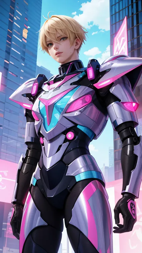 pink and blue holographic colors,cartoon rendering,cinematic shot,best quality,masterpiece,realistic,1boy,beautiful,black armour,mecha,cyberpunk,blonde hair,