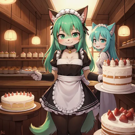 Cat girl,3 girls,pink long hair,green fur,happy face,full face blush,maid outfit,mini apron,maid headdress,star collar,light and shadow,cake shop,looking at viewer,standing